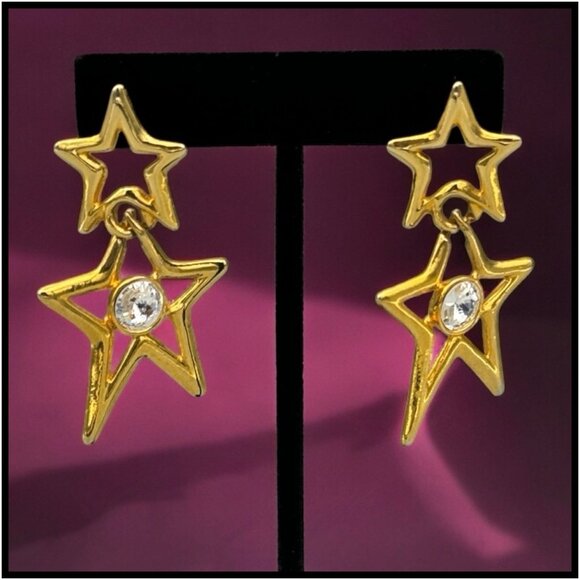 80s / 90s Glam Rockstar Gold Star & Rhinestone Vintage Dangle Costume Earrings - Picture 7 of 7